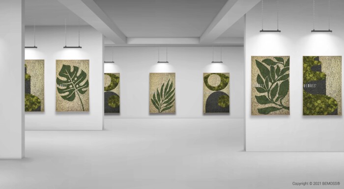 Een minimalistische kunstgalerie met witte muren en gladde grijze vloeren toont verschillende kunstwerken met een botanisch thema. Elk stuk heeft abstracte ontwerpen met groene bladeren en geometrische vormen, waaronder een opvallende Earth Jerte, gelijkmatig verdeeld en verlicht door overheadspots.