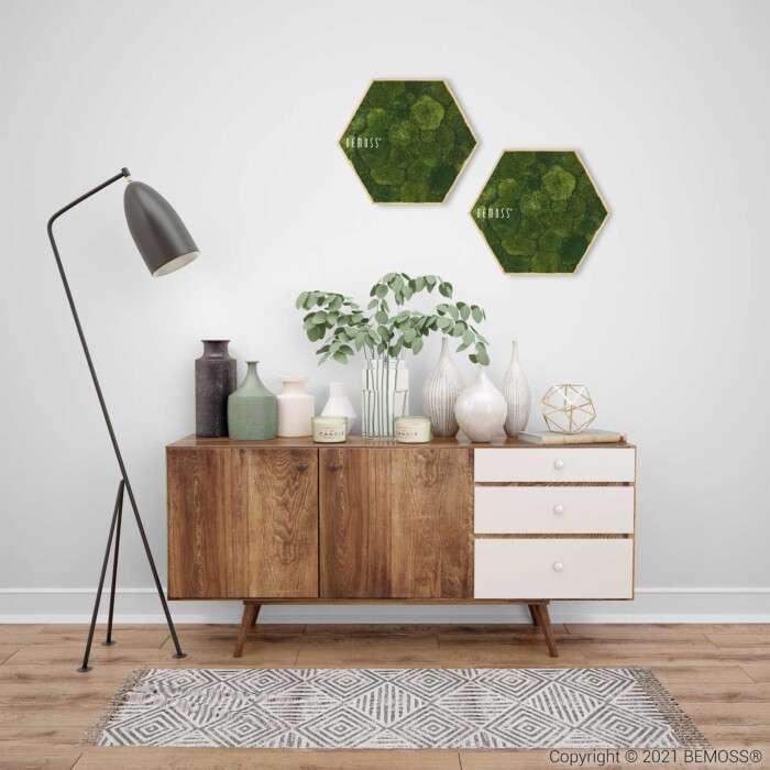 Een moderne woonkameropstelling met een houten dressoir versierd met een mix van decoratieve items zoals vazen en planten. Boven het dressoir bevinden zich twee zeshoekige BEMOSS-mosschilderijstukken. Links staat een strakke zwarte vloerlamp naast een tapijt met patronen op de vloer.