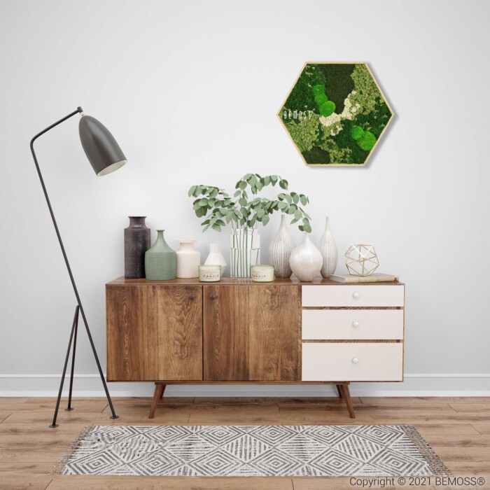 Een moderne woonkamer uit het midden van de eeuw is voorzien van een houten dressoir met witte laden, versierd met verschillende decorstukken, waaronder vazen en planten. Hierboven is een zeshoekige BEMOSS-mosschilderij weergegeven. Links staat een zwarte vloerlamp, naast een tapijt met een patroon.