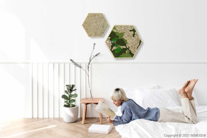 Een persoon met lichtgekleurd haar ligt op bed een boek te lezen in een lichte, minimalistische kamer met een BEMOSS-mosschilderij. Het bed is wit en de kamer heeft een houten vloer. Aan de muur hangen twee zeshoekige decoratieve stukken. Op de achtergrond staan een potplant en een kruk met vaas.