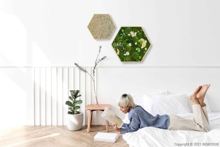 Een kind met blond haar ligt op zijn buik op een wit bed en leest een boek. De kamer is versierd met een potplant en twee zeshoekige wandkleden: één met groen en bloemen, de andere met een levendige Moshexagon BEMOSS® ORTHO ICE. Licht stroomt van links naar binnen.