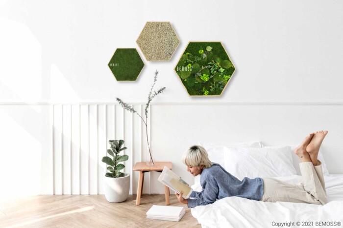 Een kind ligt op bed een boek te lezen in een lichte, minimalistische kamer met witte muren. Boven een klein houten krukje met een potplant voegen drie Moshexagon PLANTEN Mesia Mango zeshoekige wanddecoraties gemaakt van groen mos en beige materialen een vleugje natuur toe. Copyright © 2021 BEMOSS®.