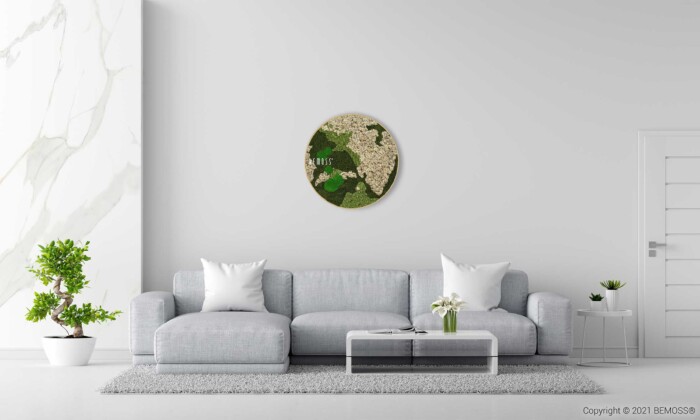 Een moderne woonkamer met een lichtgrijze bank, witte kussens en een minimalistische salontafel. Aan de muur boven de bank hangt een Mosschilderij cirkel BEMOSS® ORTHO NATURAL kunstwerk. De kamer is versierd met potplanten en de muren hebben een strakke, witte afwerking.