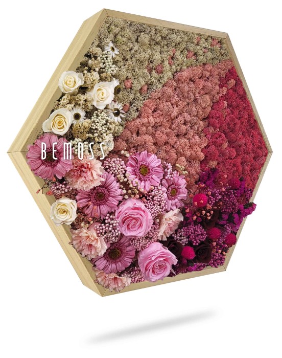 Een zeshoekig houten frame gevuld met een levendig, ingewikkeld arrangement van bewaarde bloemen. De bloemen, waaronder verschillende tinten roze, rood en crème, vormen een prachtig mozaïekachtig patroon. Het woord 