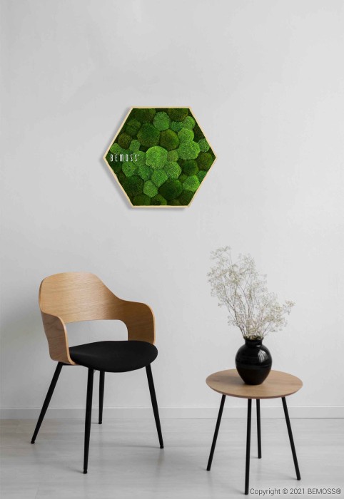 Een minimalistisch interieur bestaat uit een houten stoel met een zwart kussen, een kleine ronde tafel met een zwarte vaas met delicate takken, en een zeshoekige Mosschilderij Ellips BOLMOSS DUO Natural Green met het opschrift 