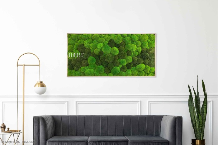 Een moderne woonkamer is voorzien van een grijs fluwelen bank, een staande lamp met een gouden frame en wit bolvormig licht, en een grote Moshexagon PLANTEN Lomo met groene mostextuur. Naast de bank staat een hoge, groene kamerplant. De muren zijn wit met lambrisering.