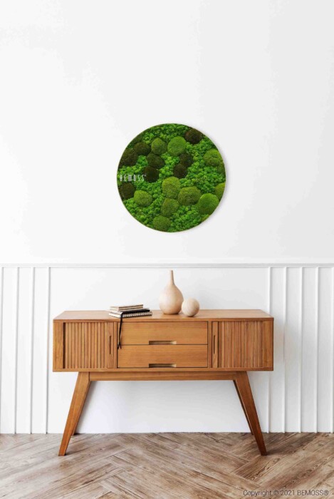 Een houten dressoir staat tegen een witte muur met verticale lambrisering halverwege. Op het dressoir staan decoratieve vazen en een boek. Erboven hangt een ronde wanddecoratie van groen mos in verschillende tinten en texturen.